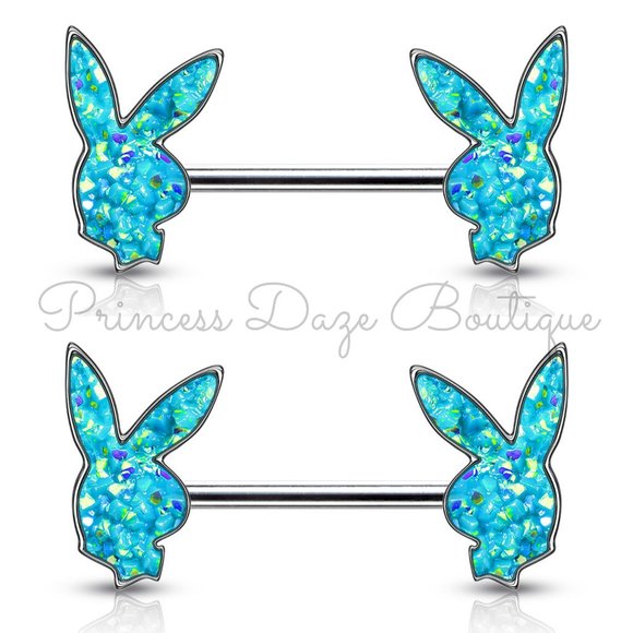 Playboy Blue Druzy Stone Barbell Nipple Ring‎ - Picture 1 of 2